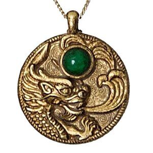 Vintage Chinese Dragon Pendant Necklace, Gold Tone, Round Medallion, Green Stone